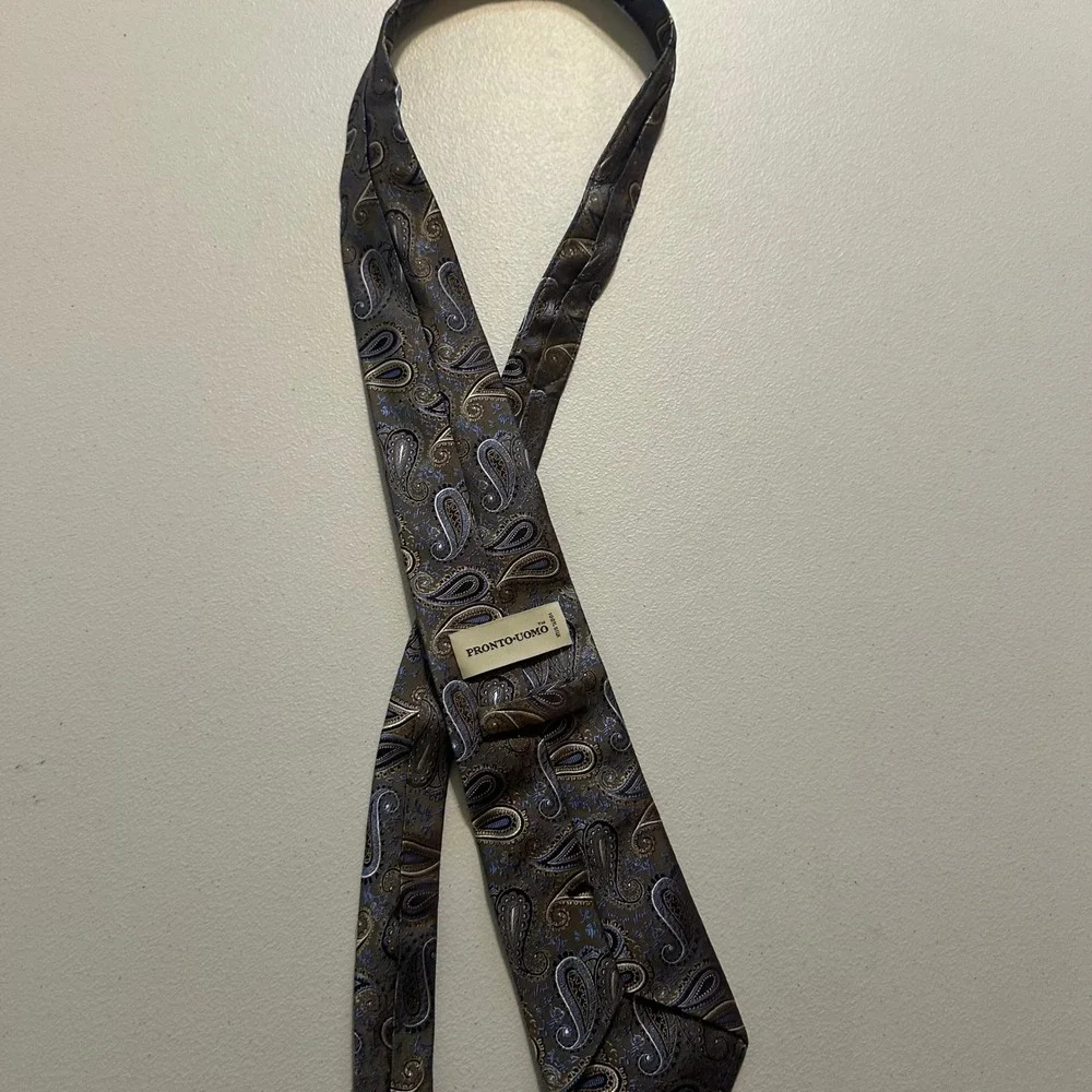 Pronto Uomo Tie Mens OS Brown Blue Paisley Silk Hand Made Business Professional